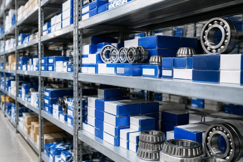Rows of boxed industrial ball and roller bearings on steel warehouse shelving