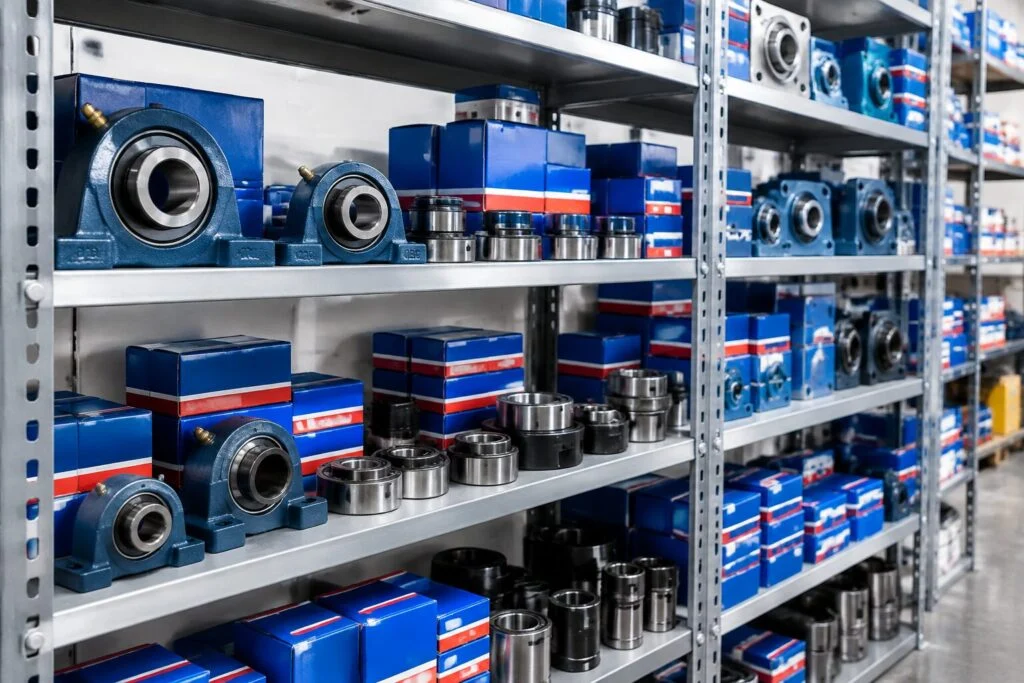 Maintenance store shelves stocked with boxed SKF bearings, housings and adapter sleeves