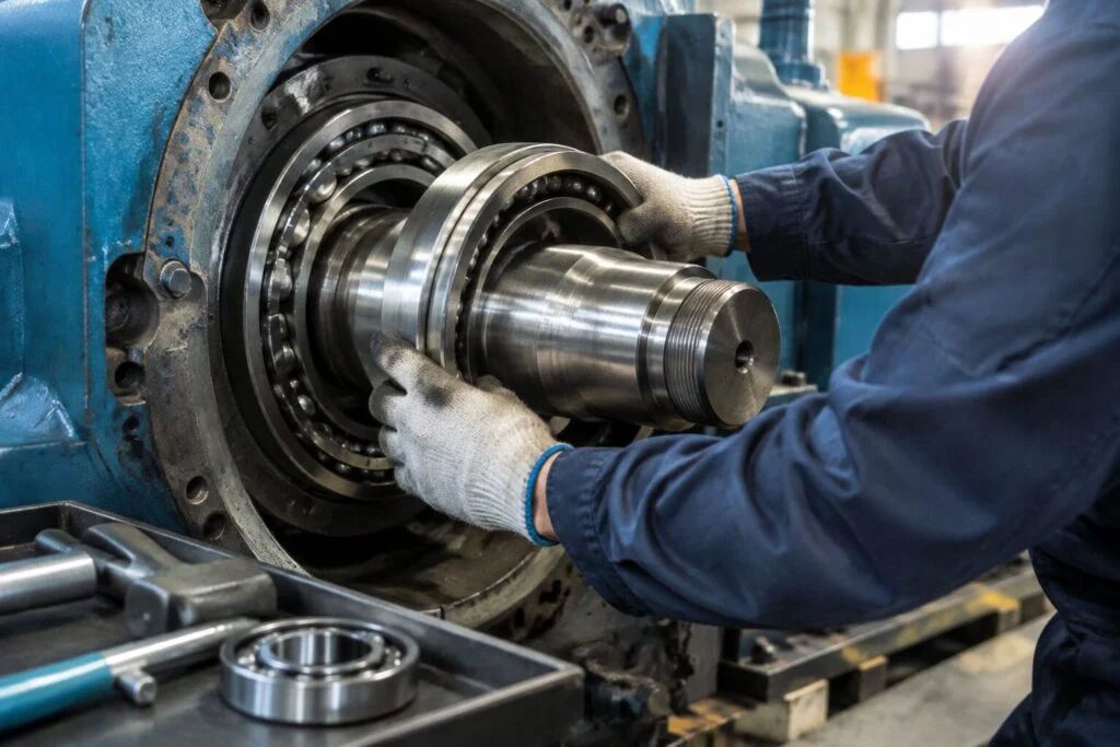 Technician replacing a bearing on a large rotating drive during an urgent repair