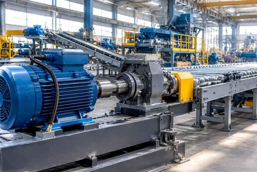 Industrial production hall with rotating machinery, conveyors and shaft lines fitted with SKF bearings