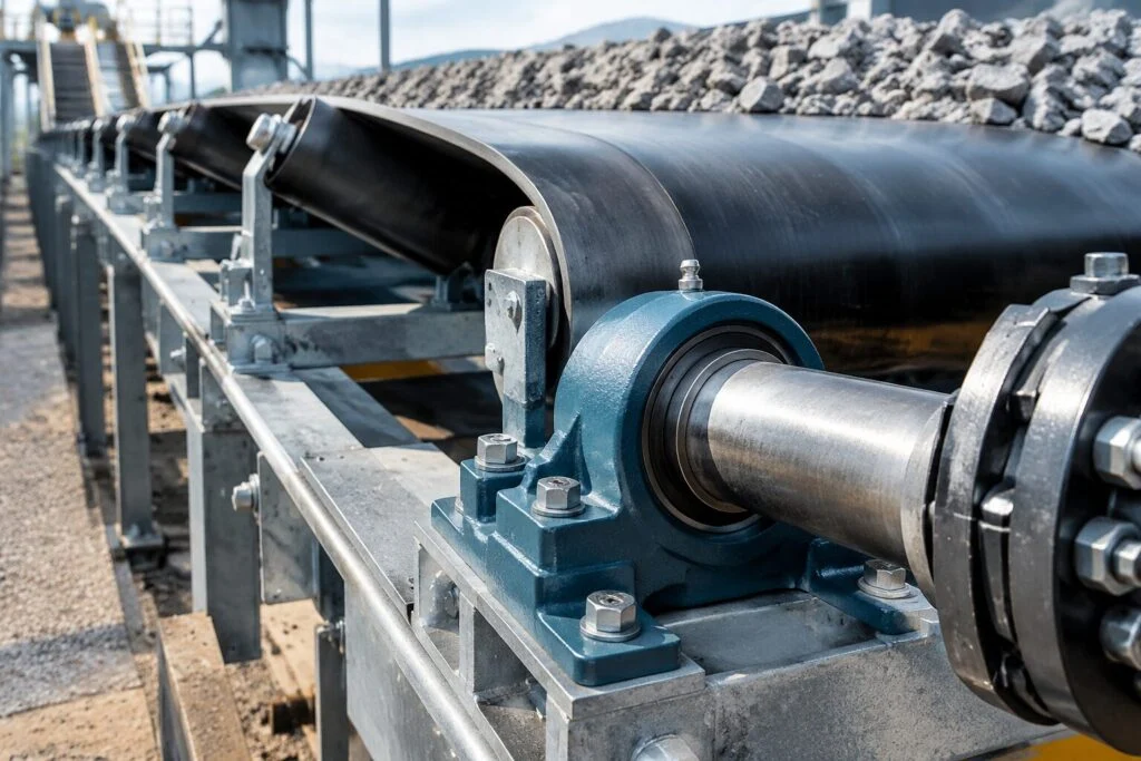 Belt conveyor line with mounted bearing units and insert bearings on the drive shaft