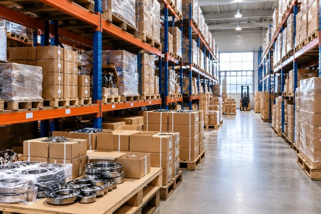 Warehouse aisle with packed bearing cartons ready for dispatch