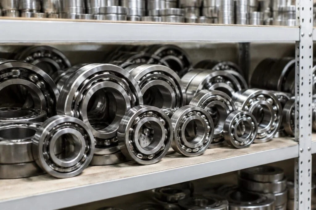 Rows of steel ball bearings stored on a warehouse shelf